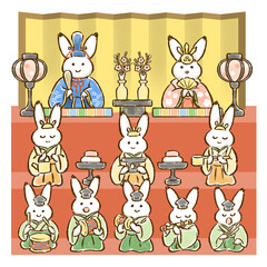 Fototapeta premium うさぎのおひなさま（男雛・女雛・三人官女・五人囃子）3段 手描きイラスト