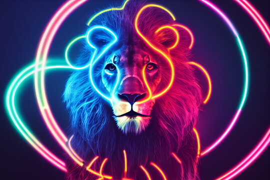 cyberpunk style cute lion, neon colors , bright smoke in background