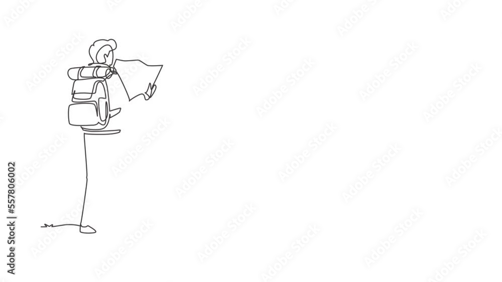 Poster animated self drawing of single continuous line draw man hiker with backpack and map hiking in mount