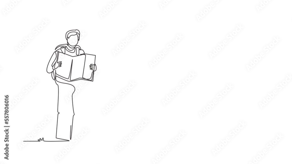 Poster animated self drawing of continuous line draw traveler man with map planning walking route to mounta