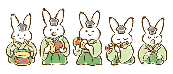 うさぎのひな人形・五人囃子　手描きイラスト