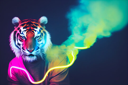 cyberpunk style cute tiger, neon colors , bright smoke in background