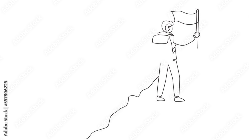 Poster Animated self drawing of single continuous line draw cheerful man climber standing on the top of mountain with flag. Young smiling mountaineer climbing on a rock. Full length one line animation