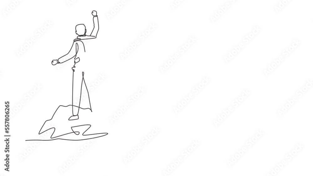 Poster animated self drawing of single continuous line draw cheerful man rising hands after climbing a peak