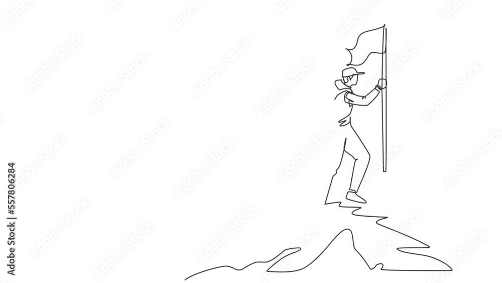 Poster animated self drawing of continuous line draw climber in uniform with flag on snowed mounts peak. ha