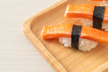 Crab Stick Sushi on wood plate