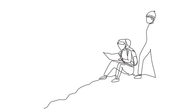 Animated self drawing of continuous line draw man woman hikers with backpacks, binocular, and hiking gear reading route map. Looking for direction, trekking location. Full length single line animation