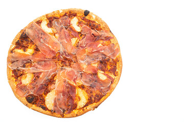 Pizza with prosciutto or parma ham pizza on white background