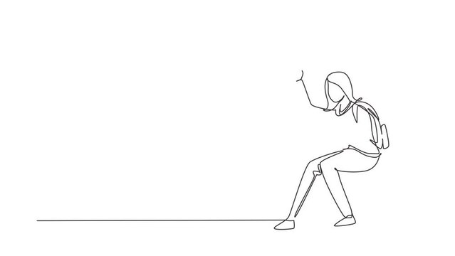 Self drawing animation of single line draw woman with backpacks sitting near road and hitchhiking. Female thumbing or hitching ride. Adventure travel. Continuous line draw. Full length animated