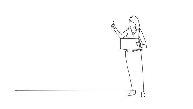 Self drawing animation of single line draw women with luggage and thumbs up waiting for car by roadside. Hitchhiking road travel. Vacation and trip concept. Continuous line draw. Full length animated