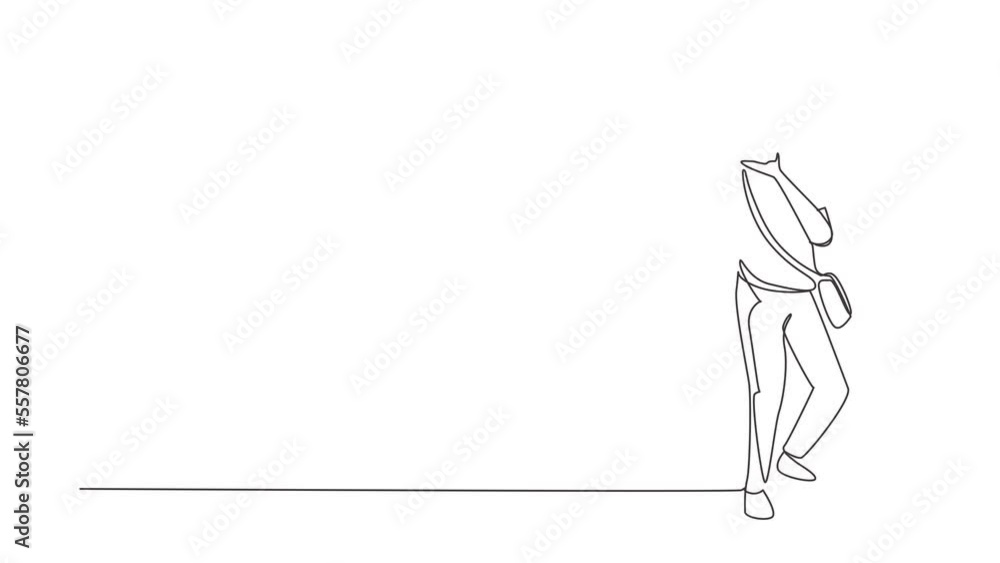 Poster animated self drawing of single continuous line draw man with camera and sling bag taking pictures. 