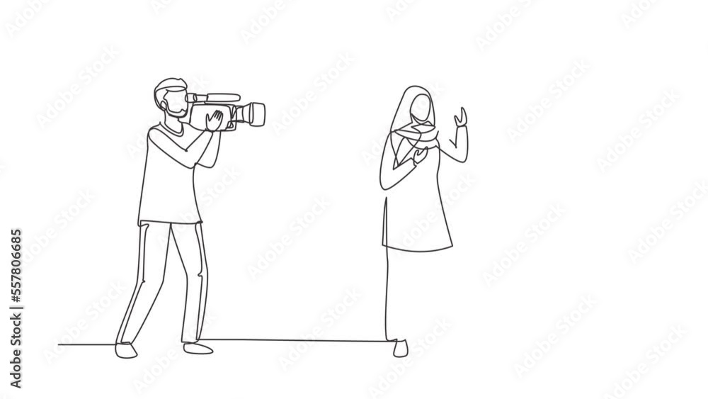 Poster self drawing animation of single line draw journalist with microphone, interview arabian girl. repor