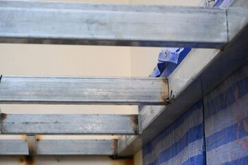 roof built from gray metal steel, construction industry