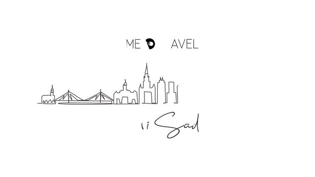 Animated self drawing of continuous line draw Novi Sad city skyline, Serbia. Historical town landscape in world. Best holiday destination wall decor. Editable stroke. Full length one line animation