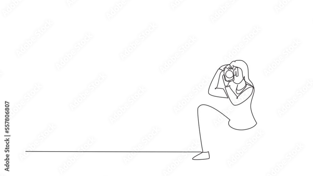 Aufkleber animated self drawing of continuous line draw photographer is taking photo using dslr camera. female