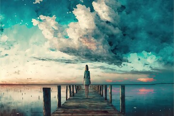 A lonely girl stands on a wooden platform