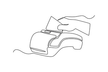 Obraz premium Single one line drawing hand using a credit or debit card for transactions through the terminal. Cashless payment concept. Continuous line draw design graphic vector illustration.