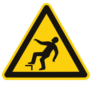 Sudden Drop Danger Warning Sign Icon Label, Black Triangle Over Yellow, Isolated Triangular Falling Injury Hazard Risk Caution Occupational Safety And Health Sticker Signage OSHA Concept, Large Detail