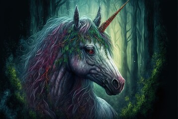 Unicorn Mythical Creature in a Magical Forest, Fantasy Concept