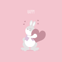 animal pet bunny rabbit and heart, valentine’s day, happy easter, flat vector illustration cartoon character