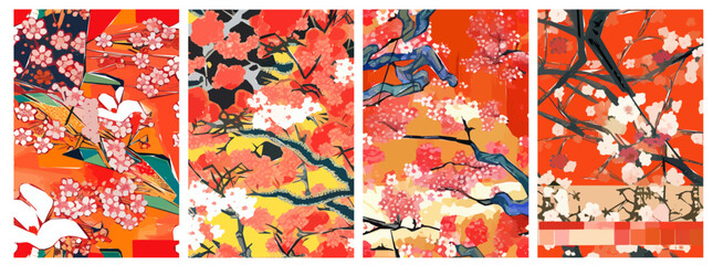 Cherry blossom Japanese background. Beautiful Sakura flowers spring nature art illustration.