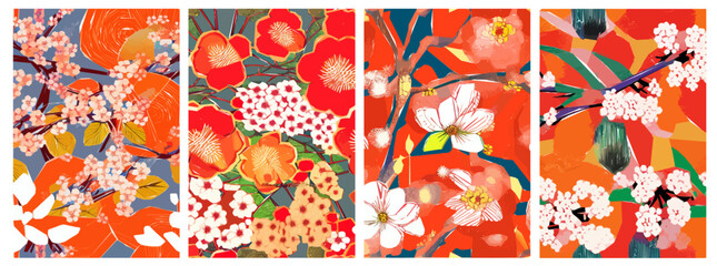 Cherry blossom Japanese background. Beautiful Sakura flowers spring nature art illustration.