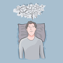 Man cannot sleep having insomnia thinking and worried at bed - obrazy, fototapety, plakaty