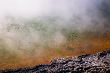 Rotorua Wai-o-Tapu Champaign pool weird and unique landscape, geothermal activity, volcanic landforms, hot pools and lakes North Island New Zealand