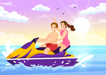 Obraz na płótnie Canvas People Ride Jet Ski Illustration Summer Vacation Recreation, Extreme Water Sports and Resort Beach Activity in Hand Drawn Flat Cartoon Template
