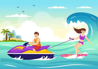 Obraz na płótnie Canvas People Ride Jet Ski Illustration Summer Vacation Recreation, Extreme Water Sports and Resort Beach Activity in Hand Drawn Flat Cartoon Template