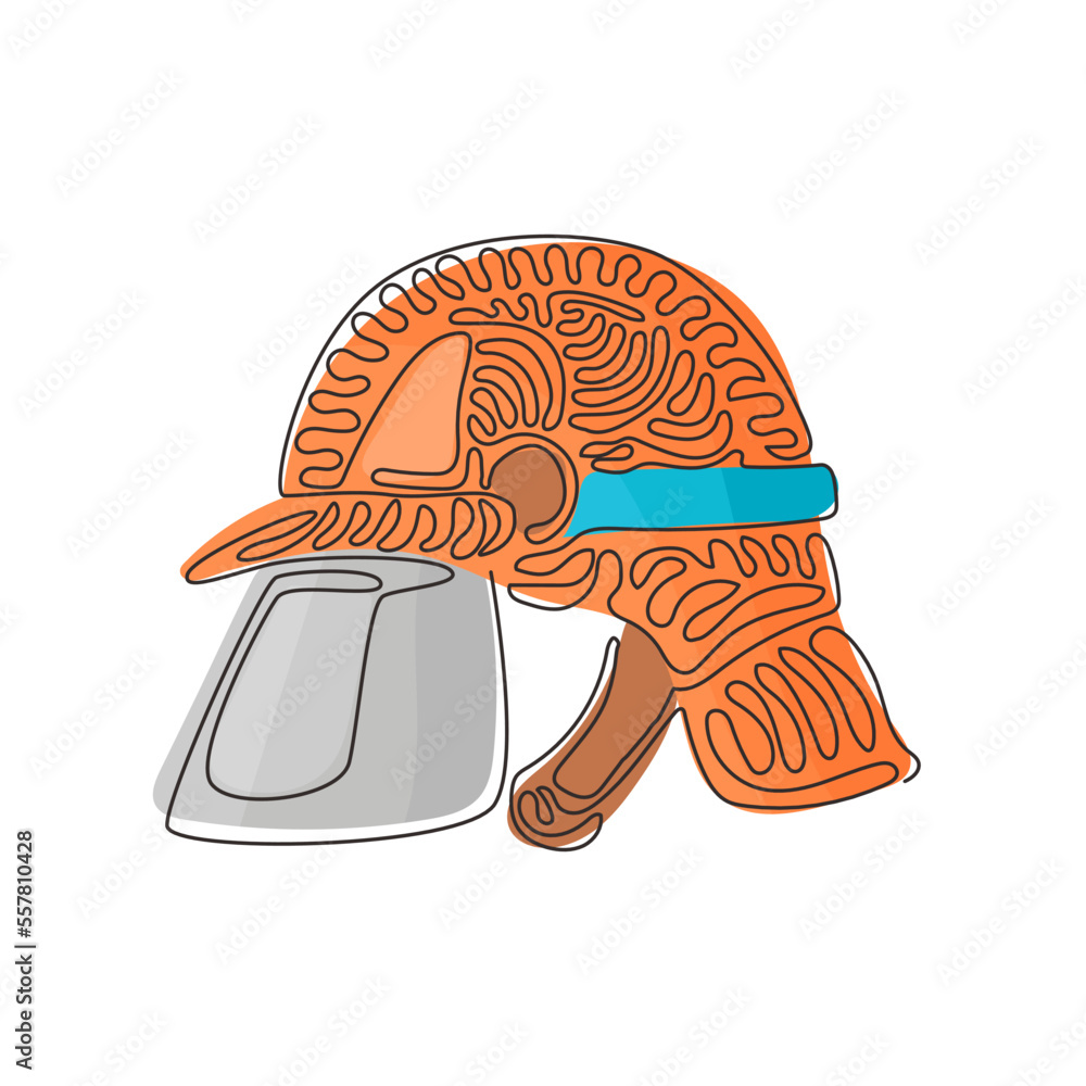 Poster single continuous line drawing red firefighter helmet with protective glass. equipment for firefight