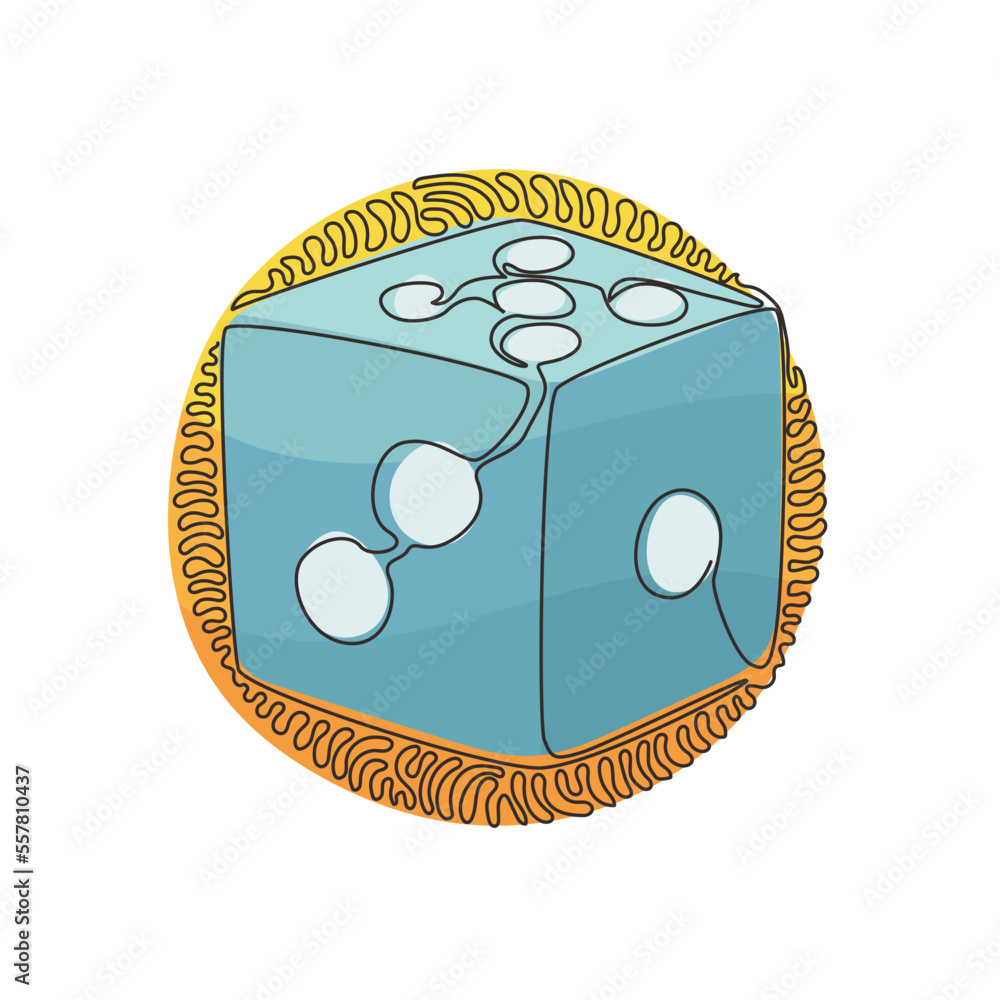 Poster continuous one line drawing dice. dice with white dots. dice cube, casino game. stay home for hobby 