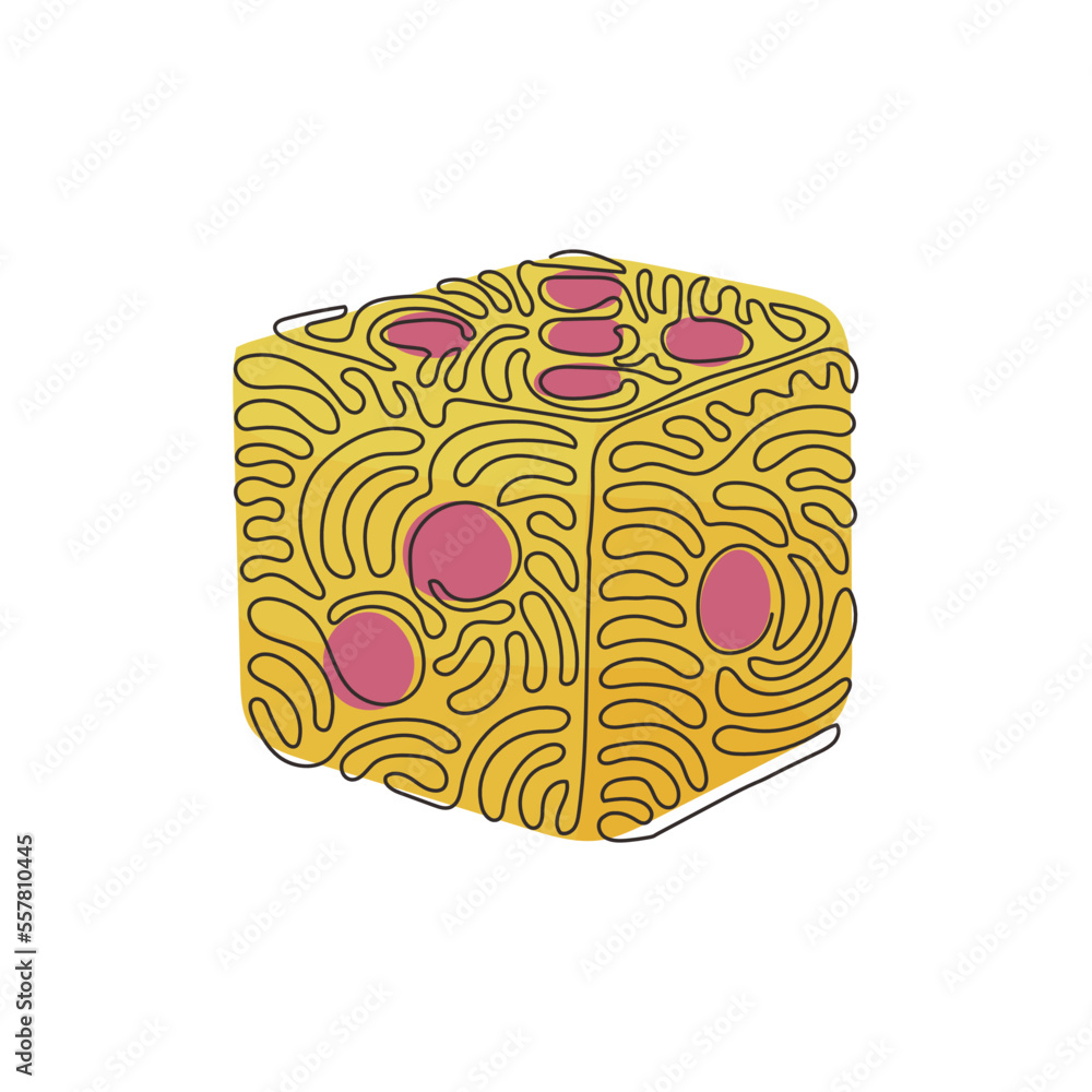 Poster single continuous line drawing dice. dice with white dots. dice cube, casino game. cute outline cube