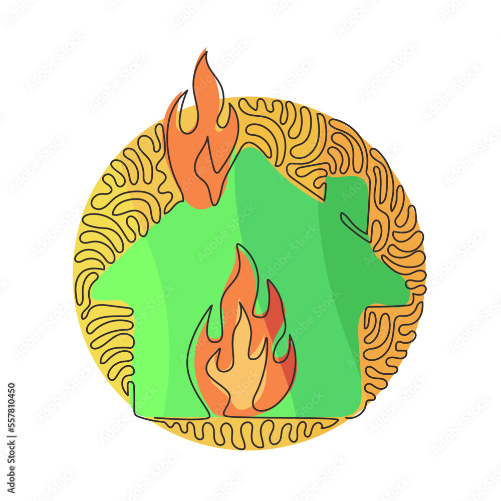 Poster continuous one line drawing fire line icon. house building in flames. insurance symbol from accident