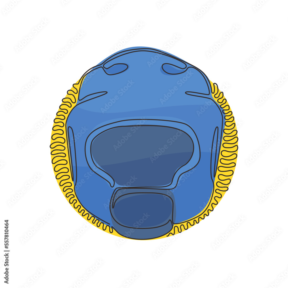 Poster single continuous line drawing boxing helmet flat symbol front view. protection white gym hat. unifo