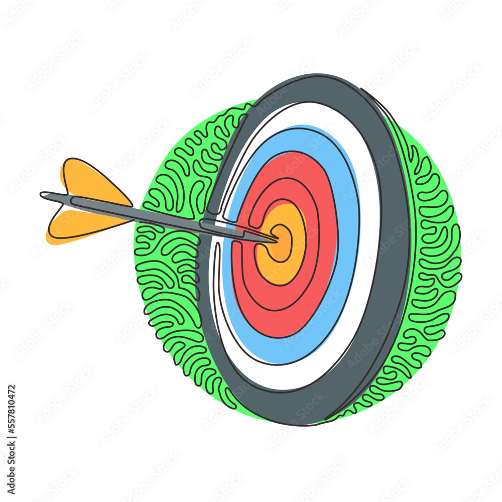 Poster single one line drawing darts arrows in target center business goal concept. success hitting target 