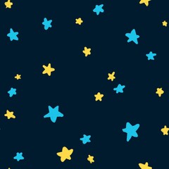 Hand drawn seamless pattern of outer space galaxy astronaut in purple blue colors. Stars planet asteroid comet saturn moon fabric print for boys nursery decoration spaceship alien ship art.
