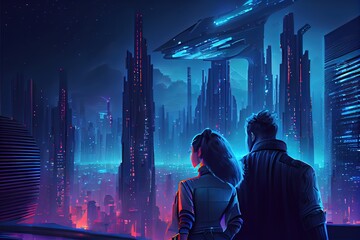 couple in a futuristic night city