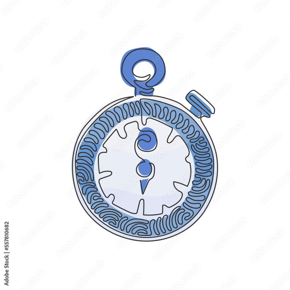 Poster continuous one line drawing stopwatch line and solid icon. timer illustration. sport watch chronomet