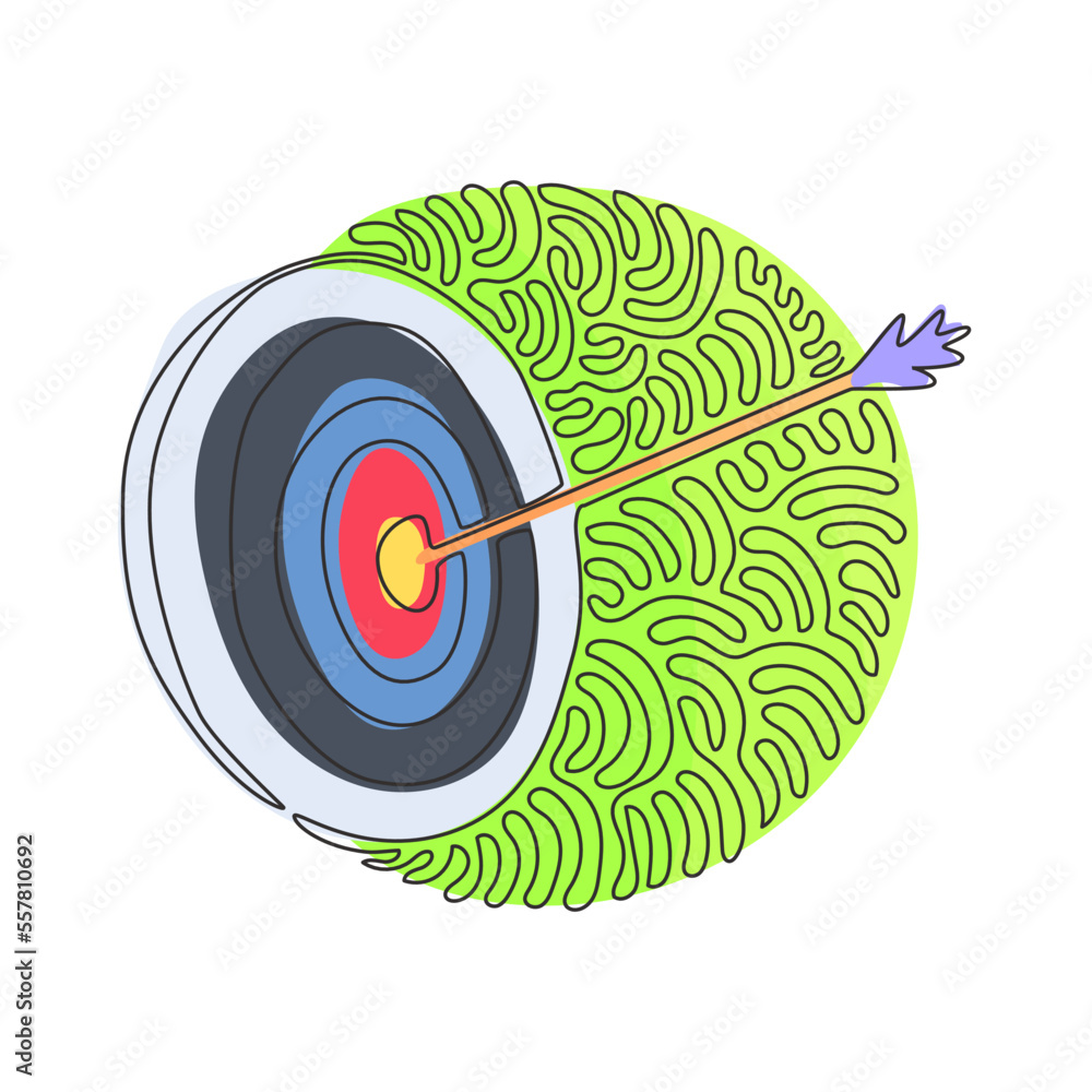Poster continuous one line drawing archery target with arrows archer sport game competition. dartboard with