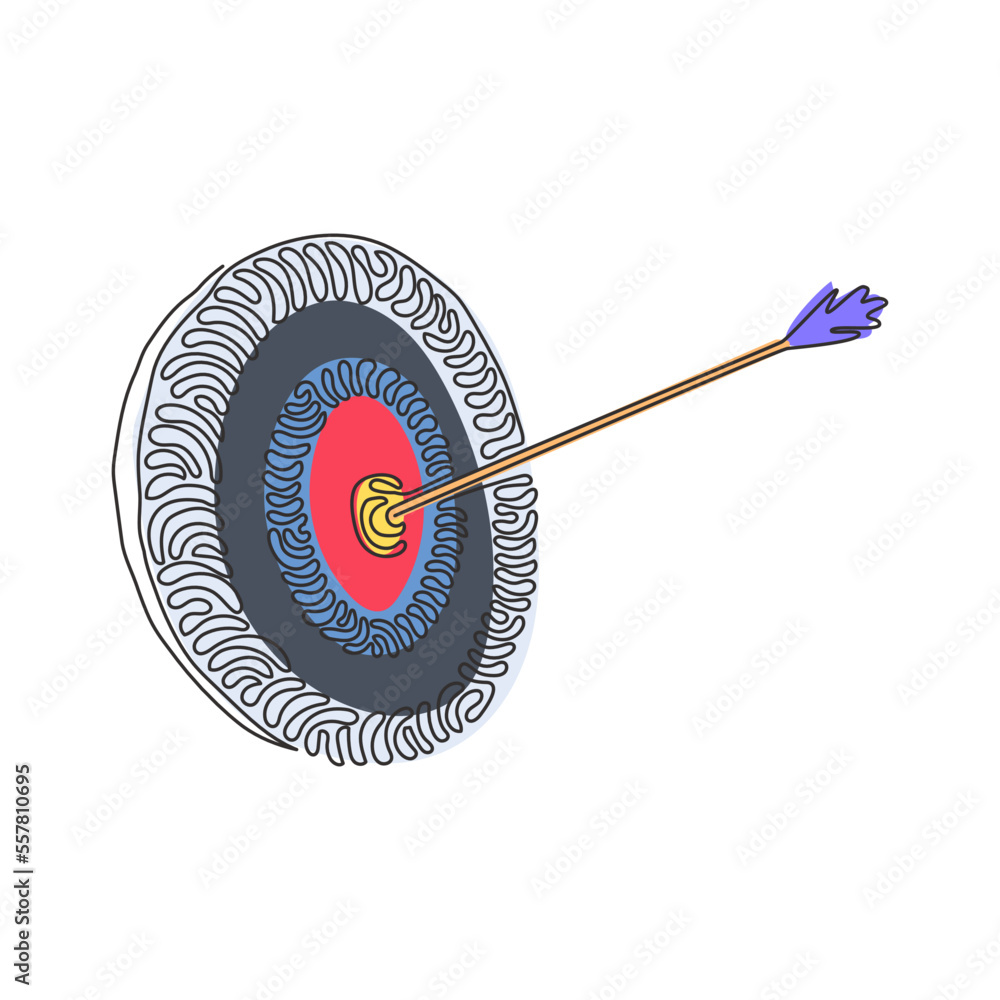 Poster single continuous line drawing archery target with arrows archer sport game competition. dartboard w