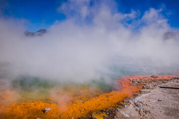 Rotorua Wai-o-Tapu Champaign pool weird and unique landscape, geothermal activity, volcanic landforms, hot pools and lakes North Island New Zealand