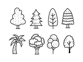 Fototapeta premium Set of tree vector illustrations with cute hand-drawn style isolated on white background. Tree doodle illustration