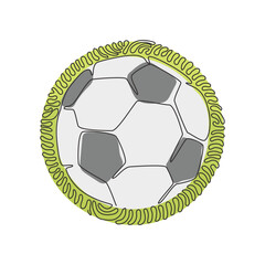 Single continuous line drawing white soccer ball for soccer game recreation. Football ball. Sports team in tournament. Swirl curl circle background style. Dynamic one line draw graphic design vector