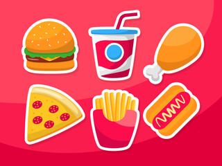 Set of fast food vector illustrations with cute design isolated on red background