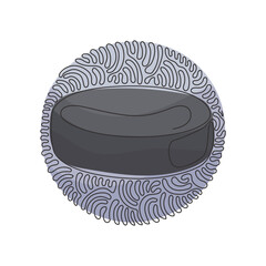 Single one line drawing ice hockey puck closeup. Ice hockey season concept, close up. Hockey Puck. Black Ice Hockey Puck. Swirl curl circle background style. Modern continuous line draw design graphic