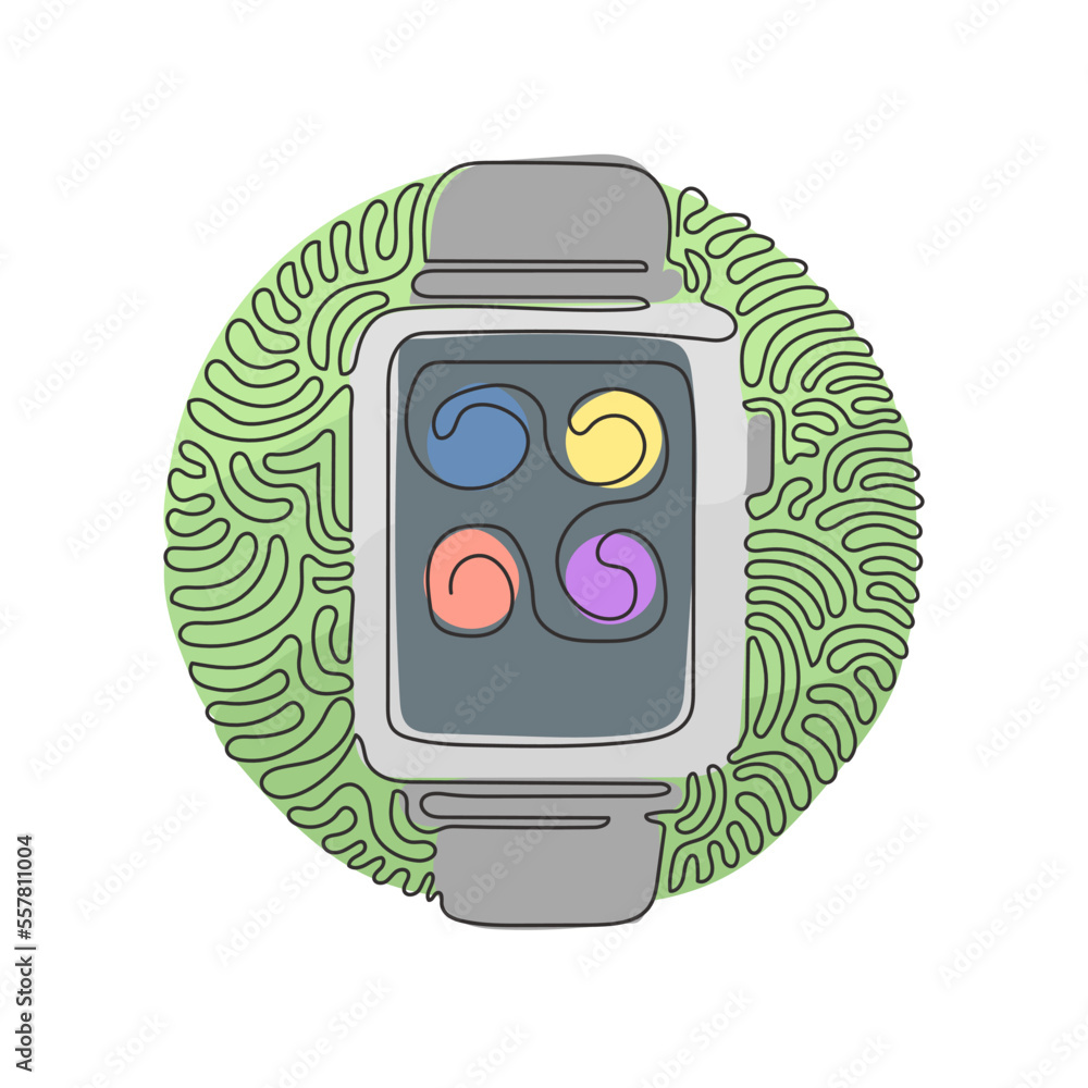 Poster continuous one line drawing smart watch device display with app icons. smart watch wearable technolo