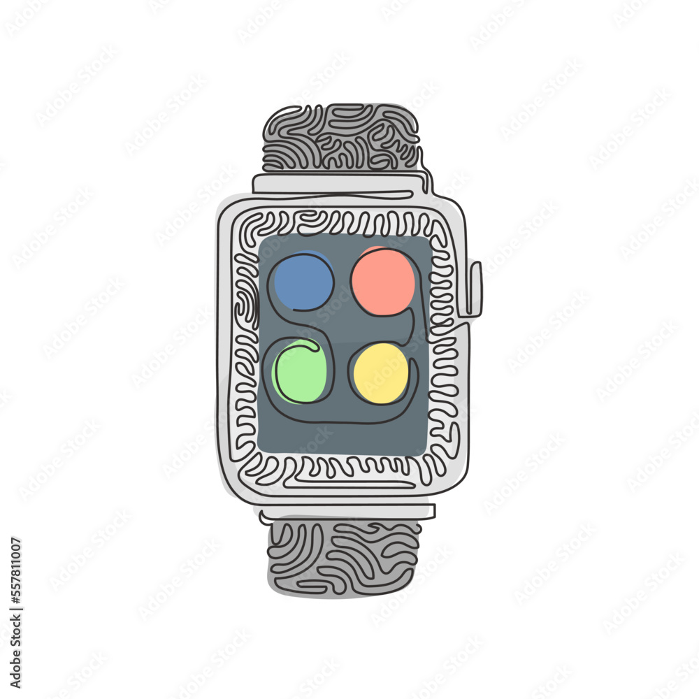 Poster continuous one line drawing smart watch device display with app icons. smart watch wearable technolo