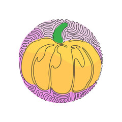 Single continuous line drawing healthy vegetables with pumpkin, vitamins and minerals. Diet, eco food, vegan, nutrition. Swirl curl circle background style. Dynamic one line draw graphic design vector