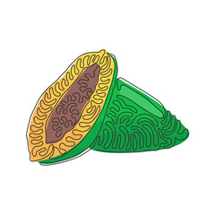 Single continuous line drawing whole and sliced sweet papaya fruit. Ripe papaya fruit with seeds. Tasty appetizer for lunch. Swirl curl style. Dynamic one line draw graphic design vector illustration